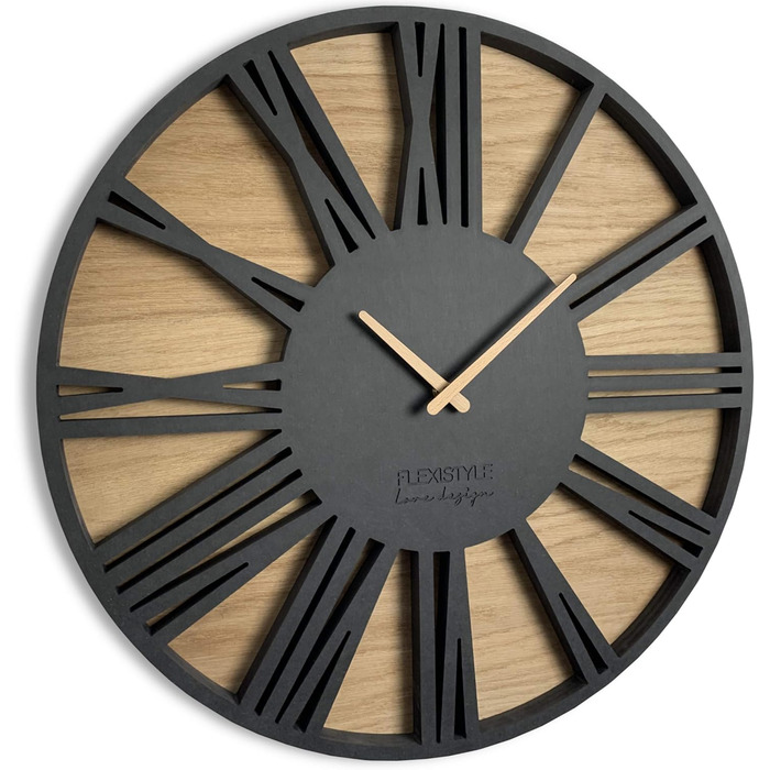 FLEXISTYLE Large Wall Clock Without Ticking Sounds, Wood Art Black, Living Room, Bedroom, Made in EU, z216-2 (50cm)