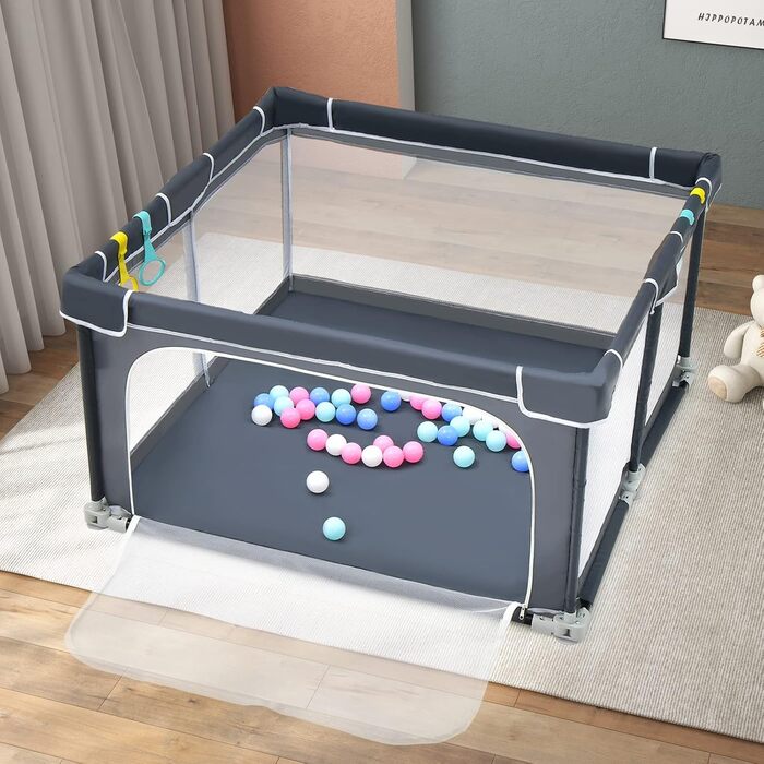 COSTWAY 124 x 124cm Baby Playpen, Foldable, Portable Playard with 50 Balls, 4 Grips, Locking Function, Crawling Gate with Net Walls & Door, Playpen Tent for Infants & Children (Dark Grey)
