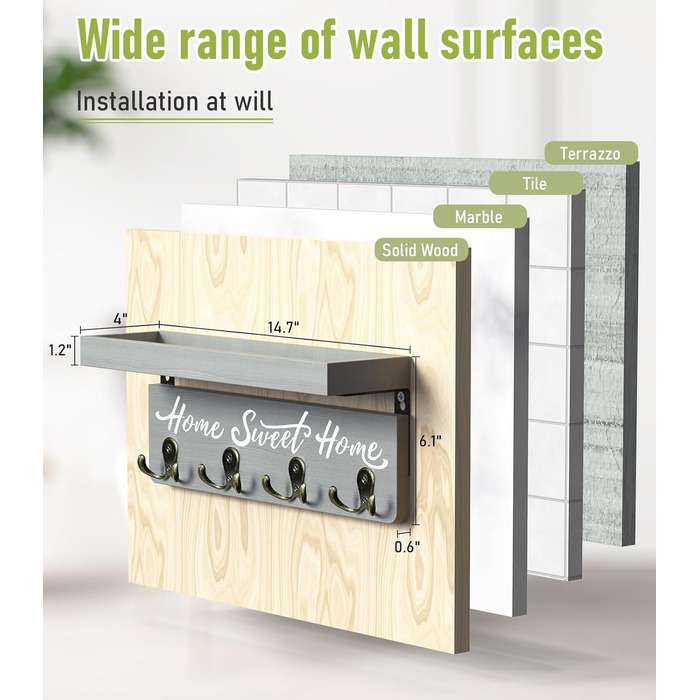 Key board with shelf, wooden key holder with 4 hooks, wall-mounted key rack for entryway, hallway, bedroom, living room, White (Green)