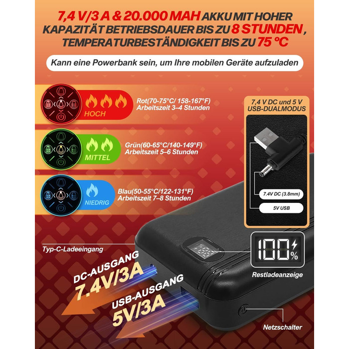 Електрична гріюча жилетка з підігрівом для жінок та чоловіків, 5V/7.4V, 20000mAh, 10 зон нагріву, 3 температурні режими, для велоспорту, активного відпочинку, роботи на вулиці, кемпінгу, розмір L, чорна