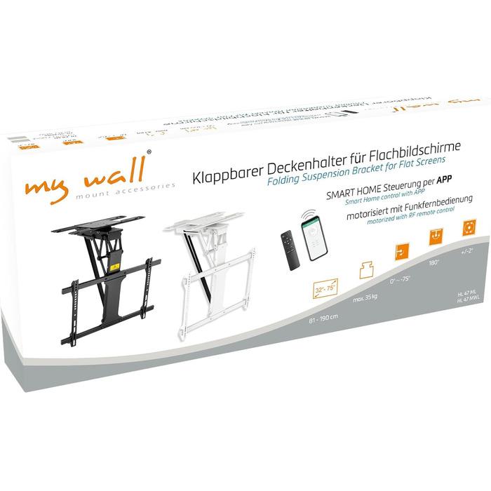 Моторизоване кріплення для телевізора на стелю HL47ML 32-75 дюймів, чорне, з поворотним механізмом 180° та Smart Home управлінням (до 35 кг)