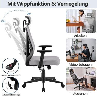 Крісло офісне Yaheetech ергономічне з регульованою підголівником, підлокітниками та поперековою підтримкою, поворотне, з можливістю нахилу 90°-130°, регульоване по висоті (світло-сірий)