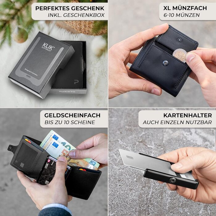 Чоловічий шкіряний гаманець PURISTO KLIK Classic Slim з відділенням для монет - мініатюрний картхолдер з RFID-захистом (10-14 карт) - чорний, XL відділення для монет