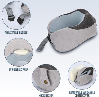 Подушка для шиї в літак, Memory Foam, м'яка, регульована та компактна, Ice Silk, для дорослих, ергономічна, з чохлом для зберігання (сіра)