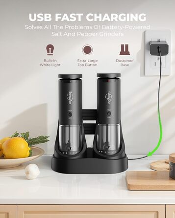 Sangcon Electric Salt and Pepper Grinder, 2 Speed Settings, 6 Grind Settings, Automatic Pepper Grinder with USB Charging Station, One-Handed Grinding (Space Grey)