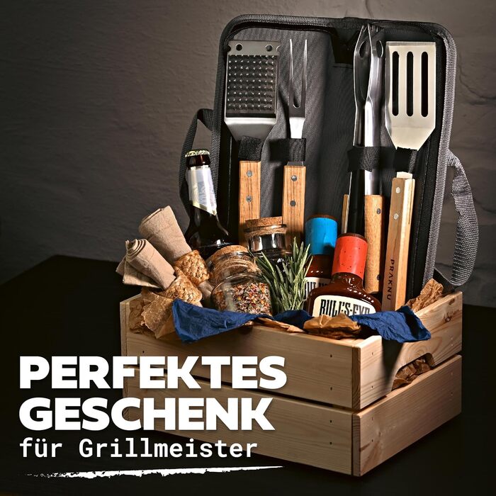 Набір гриль-посуду Praknu з дерев'яними ручками та сумкою - стійкий до високих температур, нержавіючий та міцний. Включає щітку, щипці, лопатку та виделку для м'яса. Ідеальний подарунок для чоловіків.