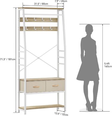 YITAHOME Entryway Bench with Shoe Cabinet, Freestanding Coat Rack with Bench and 2 Folding Drawers, Industrial Coat Rack with 8 Hooks for Entryway, Living Room, Bedroom, Metal Frame, Rustic Brown (Beige)