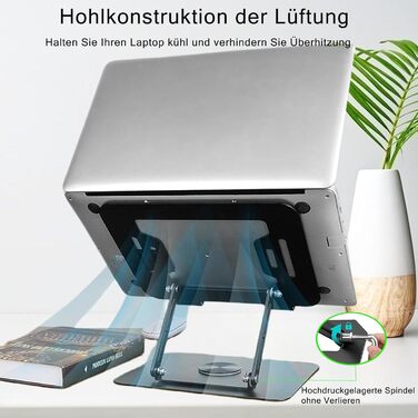 Підставка для ноутбука з регулюванням висоти та поворотним підставою 360°, ергономічна, вентильована, чорна, 10-17 дюймів