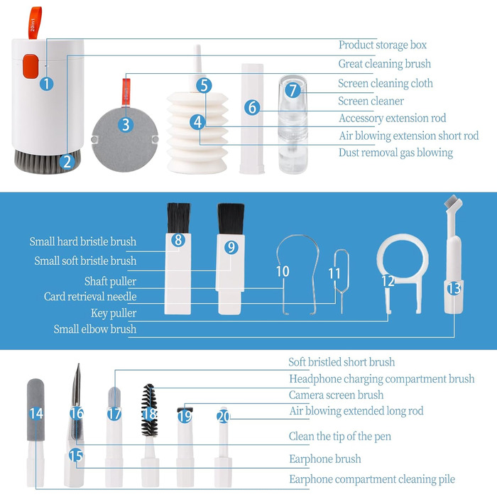 Набір для чищення електроніки 20 в 1: Airpods, телефони, ноутбуки, навушники, ПК, камера. З пилососом та спреєм