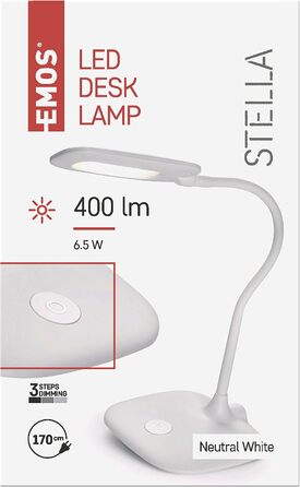 LED настільна лампа EMOS STELLA 6,5W з регулюванням яскравості, 4000K, гнучкий шарнір, 1,7м кабель, CRI>80