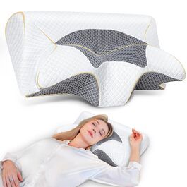 Подушка для шиї Saheyer з Memory Foam, 2-в-1: підтримка шиї, подушка для голови, для сну на боці, на животі та на спині, знімний та дихаючий чохол, 59 * 43 * 12/15 см, сіро-білий