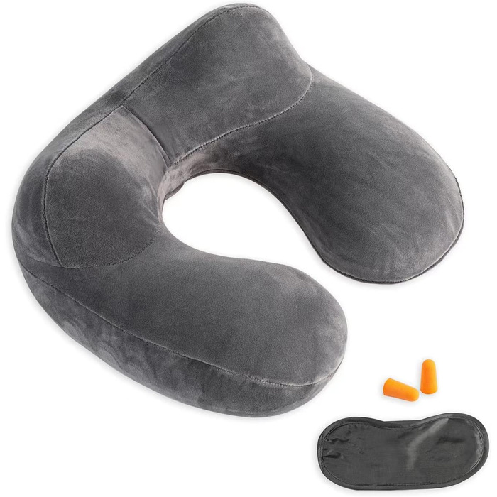 Надувна подушка для подорожей з м'якого велюру - підтримка шиї для авто, літака, поїзда, офісу. Сіра, з сумкою.