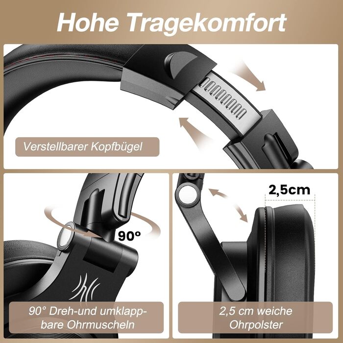 OneOdio Bluetooth навушники Over-Ear, 72 год HiFi Stereo, бездротові, з 6.35mm та 3.5mm аудіоджеком для студії, DJ, телефону, ПК, підсилювача - Чорний