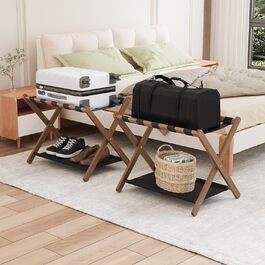 Smuxee Walnut Bamboo Luggage Rack for Guest Rooms, Folding Suitcase Stand with Storage Shelf, Easy to Assemble Luggage Rack with 5 Nylon Straps for Guest Rooms Bedroom Hotel (Walnut-Bamboo, 2 Pack)