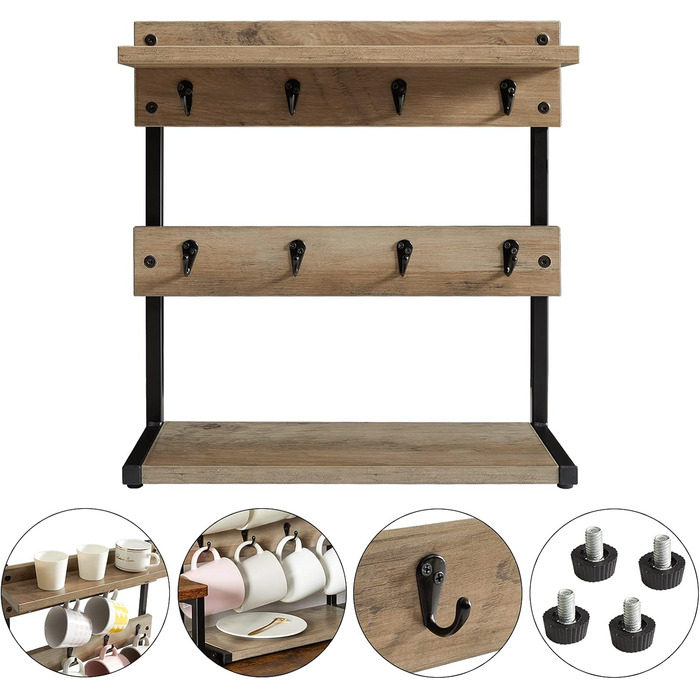 Vintage Mug Holder with 8 Hooks, Coffee Cup Holder for Kitchen Countertop, Cup Rack with Storage Bottom, for Kitchen Dining Room Cafe 40 x 15 x 40 cm, TBJ002H (with Shelf, Greige)