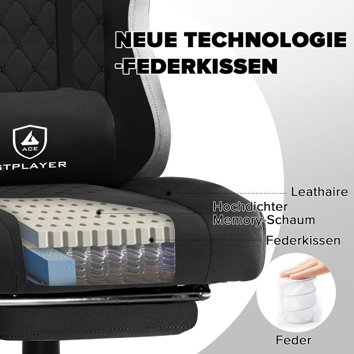 Ігровий крісло GTPLAYER з ергономічним дизайном, м'якою оббивкою з тканини, підголовником та підставкою для ніг, світло-чорного кольору