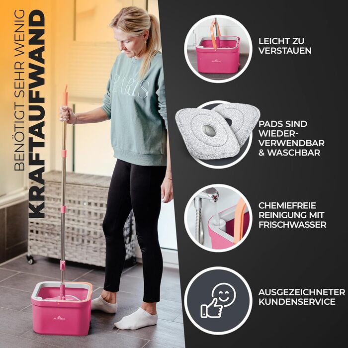 ALANBERG® Mop Set with Bucket – 2-Chamber System for Dirt & Fresh Water Separation – Self-Wringing, Microfiber Mop Pads – Floor Mop for all Floors, Pink