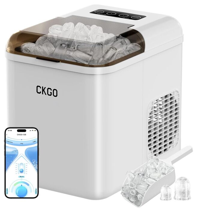 Smart Ice Maker Machine with WiFi Control - 15KG Daily Capacity, Fast Ice Production (9 Cubes in 6 Minutes), Self-Cleaning, 2 Ice Sizes for Kitchen, Office, Bar, Party, RV (White)