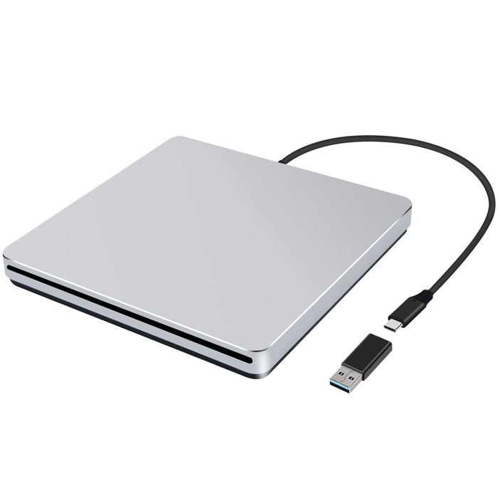 Зовнішній DVD-накопичувач для ноутбука: Портативний USB CD/DVD привід та записувач для Mac, MacBook, PC, Windows (Сріблястий)