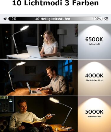 Світлодіодна лампа настільна з регулюванням яскравості, захистом для очей, 3 режими кольору, сенсорне керування, пам'ять, 15W, поворотний кріплення, чорний колір, 1 шт.