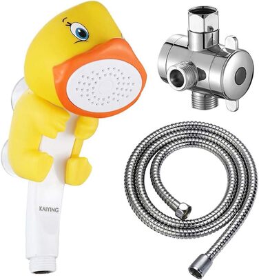 KAIYING Kids Showerheads, Cartoon Water Flow Sprinkler Shower, Shower Head Attachment for Toddlers, Baby Handheld Shower Head Bathroom Accessories, Kid's Shower Attachment (J: Showerhead (Frog) + Hose + Diverter Valve) (Duck Showerhead Set)