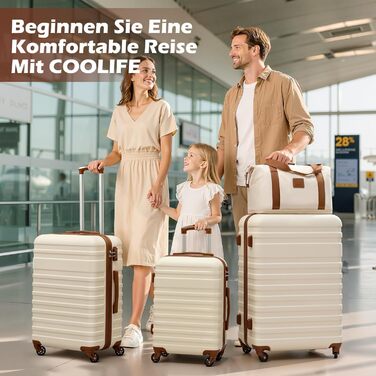 Набір валіз COOLIFE 5 в 1: велика валіза на 4 колесах з TSA-замком, середній та маленький кейси, косметичка та сумка для подорожей (ABS, білий/коричневий)