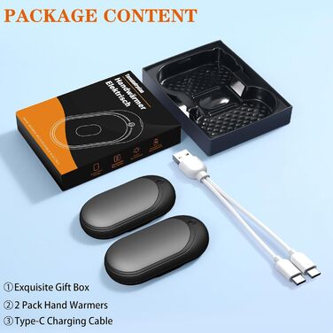 Електричний гріти для рук, набір 2 шт. з акумулятором 6000mAh, USB-кабель, 3 режими нагріву, 20 годин тепла, перезаряджається, для активного відпочинку взимку (чорний, сірий)