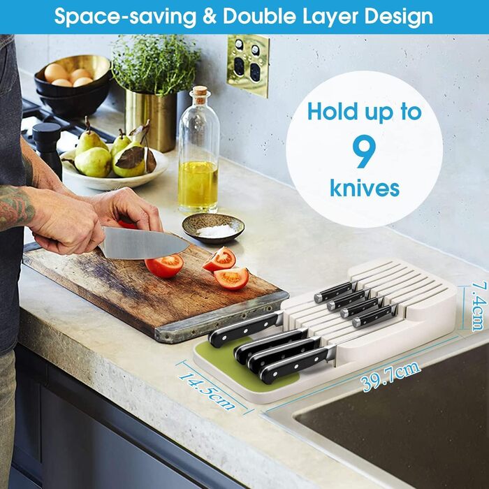 Органайзер для ножів у шухляду двоярусний, на 9 ножів, білий - безпечний та компактний тримач для ножів на кухню