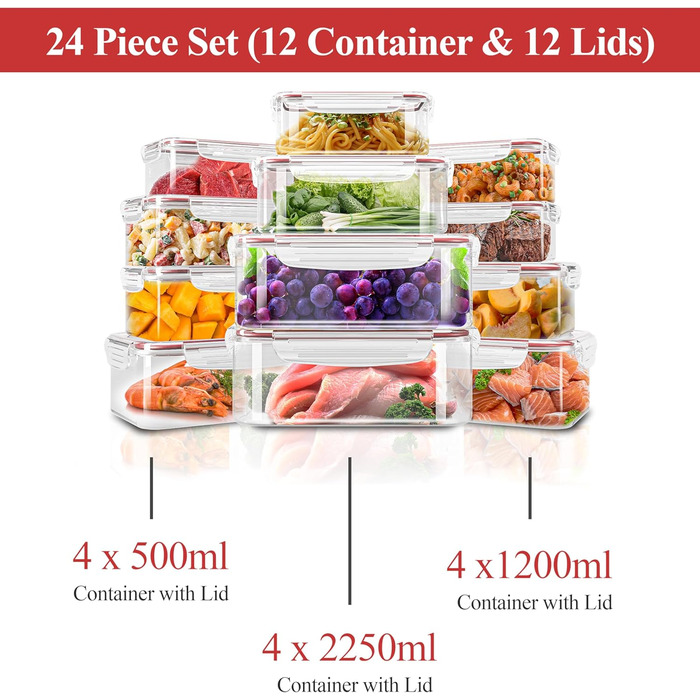 Набір контейнерів KICHLY 24 шт. з кришками: для зберігання продуктів, meal prep, заморожування. Без BPA, червоний.