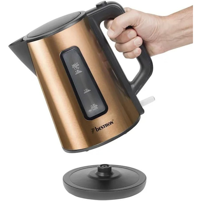 Bestron 1.7L Electric Kettle with 360° Base, Auto Shut-Off & Boil-Dry Protection - Black/Wood (Copper) Finish
