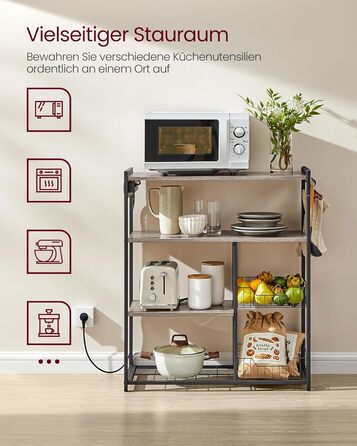 Стелаж кухонний VASAGLE з розетками, 2 металеві кошики, гачки, полиці, 35 x 80 x 93,5 см, індустріальний дизайн, vintagebrown-tintenschwarz