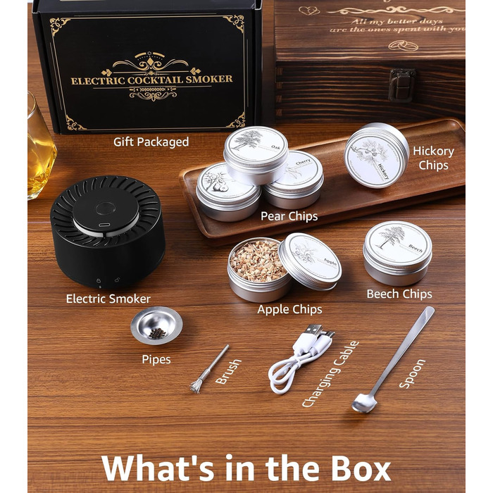 Електричний набір для копчення віскі з LED-підсвіткою, 6 ароматів деревини, без бутану, перезаряджуваний, ретро-дизайн, барний аксесуар, подарунок для чоловіків, батька, чоловіка
