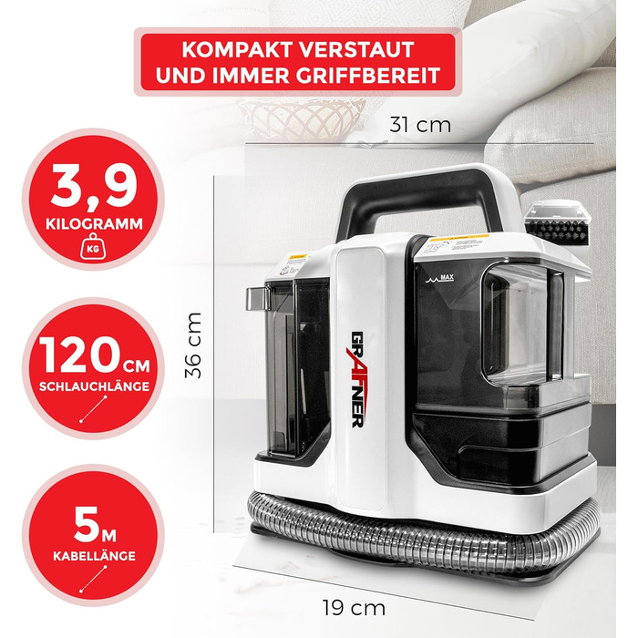 Вакуумний пилосос Grafner з двома баками та 2 щітками для чищення килимів, меблів, авто та видалення плям