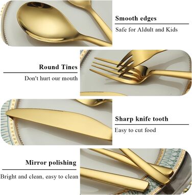 Gold Cutlery Set - 60-Piece Service for 12 People, Gold-Colored Titanium Stainless Steel Cutlery Set, Gold Spoons, Forks, and Knives Set for Home, Wedding, Restaurant, Hotel, Dishwasher-Safe