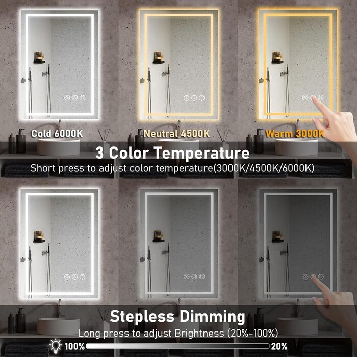 Дзеркало для ванної кімнати 50x70 см з LED-підсвічуванням, антизапарювання, диммування, 3 кольори світла