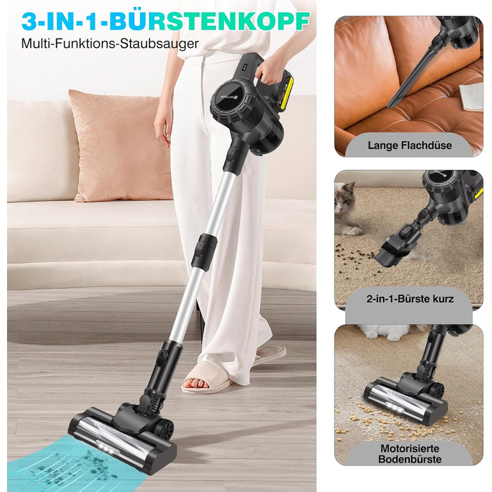 Бездротовий акумуляторний пилосос з антизаплутаною насадкою, фільтрація 99,999%, для будь-яких поверхонь, сірий колір, 2 акумулятори