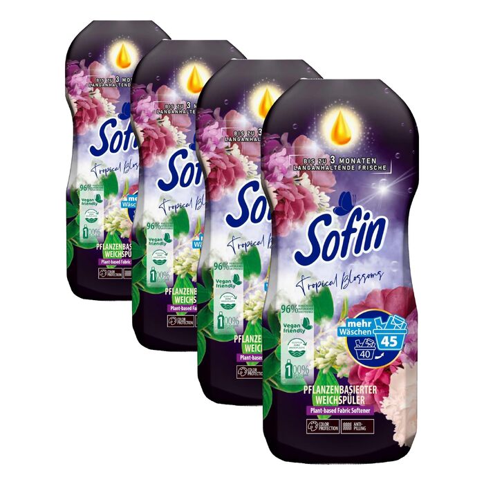 Набір кондиціонера для білизни Sofin Tropical Blossom, веганський, з ефектом проти котушкості, без мікропластику, 0.81 л x 10 шт (для 45 прань кожна пляшка)