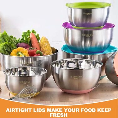 Umite Boss Mixing Bowls with Airtight Lids, 6-Piece Stainless Steel Metal Bowls by Chef, Measuring Markings and Colorful Non-Slip Bottoms, Sizes 7, 3.5, 2.5, 2.0, 1.5, 1 QT, ideal for mixing