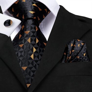 Чоловіча краватка Hi-Tie класична в клітку (чорно-золота) + запонки та нагрудна хустка - комплект