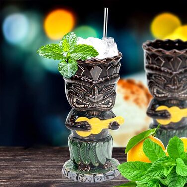 Tiki Toss Set, Hawaiian Party Ceramic Cups, for Cocktails, High-Quality Cup Set with 4 Cups for Exotic Parties - TJB02