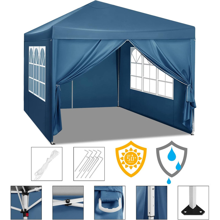 WOLTU Pop-Up Gazebo, Waterproof Folding Canopy, Sun Shade Event Tent with Side Walls, Garden Gazebo for Patio, Camping, Festival, Pagoda Tent, 3 x 3 m, Blue