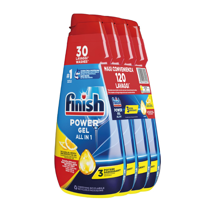 Рідкий засіб для посудомийних машин Finish Powergel, мультифункціональний, з лимоном, віджирюючий ефект, 120 мийок (4 упаковки по 600 мл)