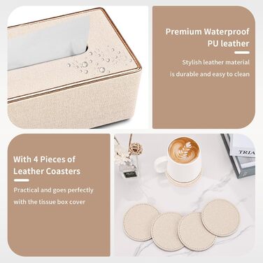 LADSTAG Tissue Box, PU Leather Tissue Box Cover with 4 Coasters, Tissue Box Cover for Rectangular Tissues, W x D x H: 25 x 13.5 x 9.5 cm (Beige)