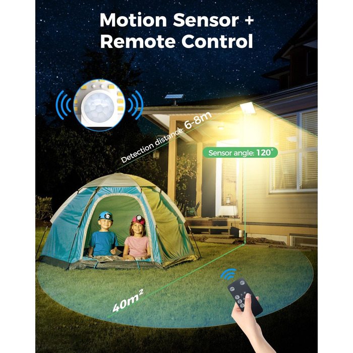 LOTMOS 2 Pack Solar Lights for Outdoors with Motion Sensor, 342 LED Outdoor Light Solar IP65 Waterproof Solar Spotlight 3 Modes with Remote Control, Solar Lamp Outdoor for Garden Garage Exterior (Warm White, 1 Pack)