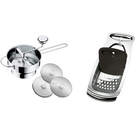 Прес-млин для овочів WMF Gourmet з 3 дисками, 19x11,5 см, нержавіюча сталь Cromargan, розбірний, та професійна терка для шпецле 35x14 см з лопаткою, нержавіюча сталь Cromargan