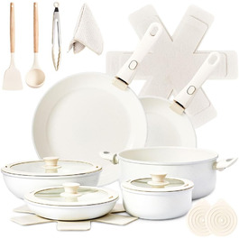 Набір каструль LEADZM з керамічним покриттям, 22 шт., для всіх плит, індукційні, без PFOA/PFOS (Бежевий)