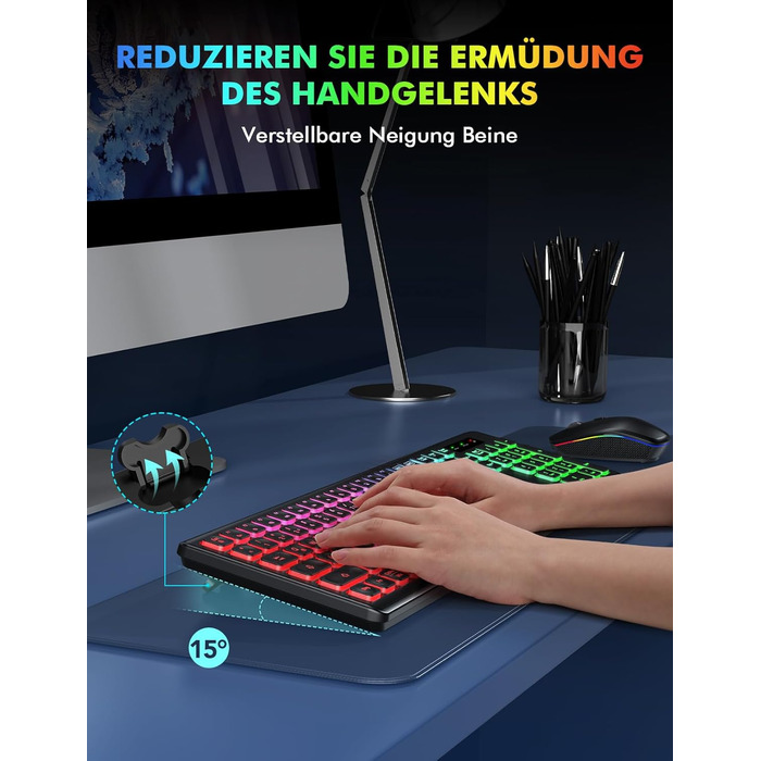 Бездротова клавіатура та миша з підсвічуванням, USB-C, тиха, для Mac/Windows/PC/Laptop, QWERTY (Чорний)