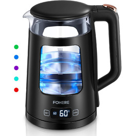 Electric Kettle with Temperature Control - 1.7L Glass Kettle with Keep Warm Function, 2200W Fast Boil, Auto Shut-Off & Dry Boil Protection, 5 Color LED Lights - Black