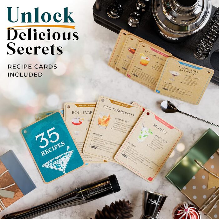 Набір бармена BARE BARREL® з 14 частин: шейкер, аксесуари для Мартіні, інструменти для приготування коктейлів, 35 рецептів, подарунковий набір (680 мл, чорний)