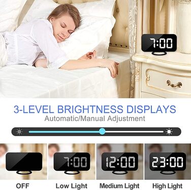 Цифровий годинник-дзеркало SZELAM з LED-дисплеєм 7 дюймів, 2 USB-роз'єми, функція відкладання, автоматичне регулювання яскравості, для дому